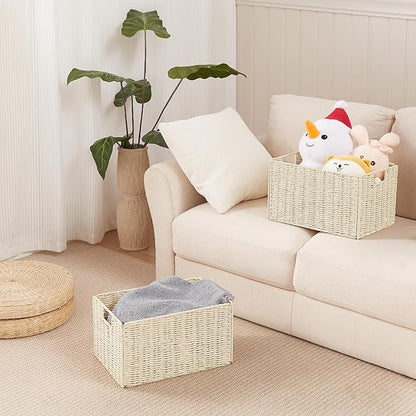 Vagusicc Wicker Storage Basket, Set of 2 Hand-Woven Paper Rope Wicker Basket, Small Storage Baskets for Organizing Toilet Paper Baskets, Foldable Large Cube Storage Organizer Bin for Shelves (Beige)