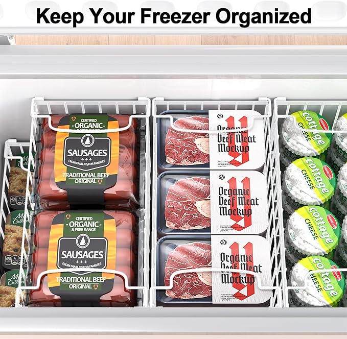 MSERCUOR Freezer Organizer Bins, 4 Pack Stackable Deep Chest Freezer Organizer Bins, Foldable Baskets with Handles, White Storage Container Baskets for 5/ 7 Cu.FT Sort Frezen Meats