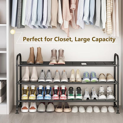 LINZINAR Shoe Rack Long 3 Tier Metal Shoe Organizer Metal Wide Shoe Shelf for Closet Entryway Bedroom Large Capacity Black