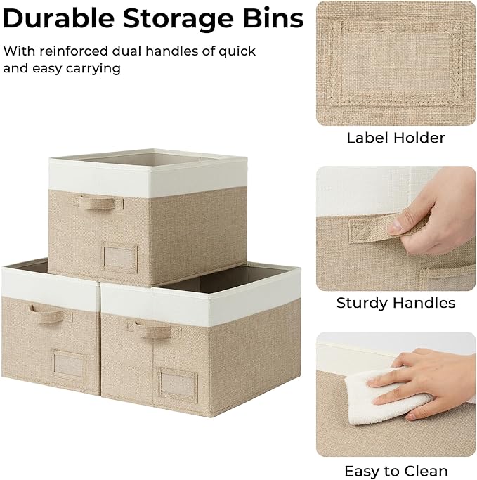GRANNY SAYS Closet Storage Bins, Large Fabric Storage Bins, Collapsible Clothing Storage and Organization, Decorative Storage Bins, Khaki&Ivory, Large, 3-Pack