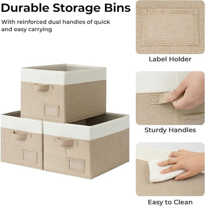 GRANNY SAYS Closet Storage Bins, Large Fabric Storage Bins, Collapsible Clothing Storage and Organization, Decorative Storage Bins, Khaki&Ivory, Large, 3-Pack