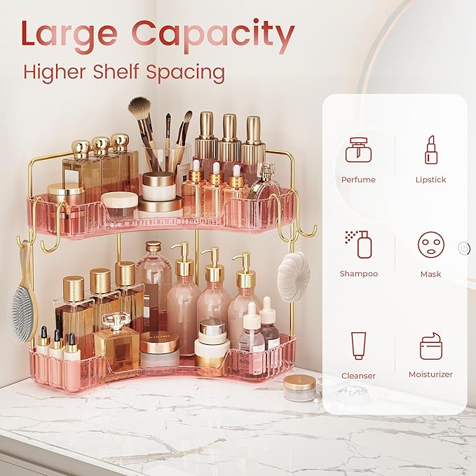 Delicate Pink 2-Tier Corner Counter Organizer with Expandable Hooks | Bathroom, Kitchen & Vanity Storage for PET Makeup, Skincare & Jewelry