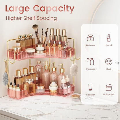 Delicate Pink 2-Tier Corner Counter Organizer with Expandable Hooks | Bathroom, Kitchen & Vanity Storage for PET Makeup, Skincare & Jewelry