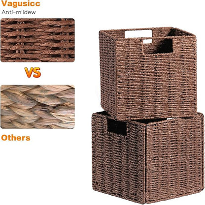 Vagusicc Wicker Storage Basket, Set of 2 Hand-Woven Storage Baskets for Shelves, Foldable Cube Storage Baskets Bins with Handles, 9 inch Small Wicker Baskets for Organizing Pantry Bedroom, Brown