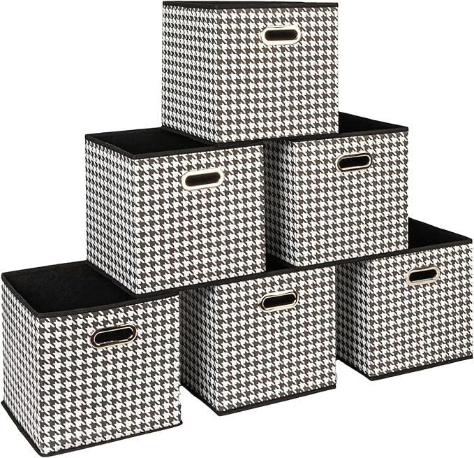 Household Essentials Fabric Storage Bins 6 Piece Set, Houndstooth White and Black (Pack of 6)