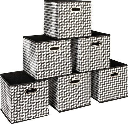 Household Essentials Fabric Storage Bins 6 Piece Set, Houndstooth White and Black (Pack of 6)