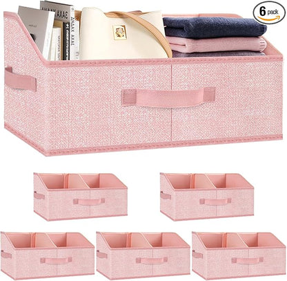 Fabric Wardrobe Storage Bins -6 Pack， Large Pink Foldable With Handles And Dividers Trapezoidal Wardrobe Storage Boxes, Suitable For Storing Clothes, Books, Wallets, Toys, Etc.