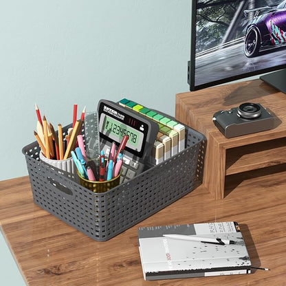Set of 4 Plastic Woven Storage Baskets, 11.41" x 8.86" x 4.6", Pantry Kitchen Organizer Bins, Gray