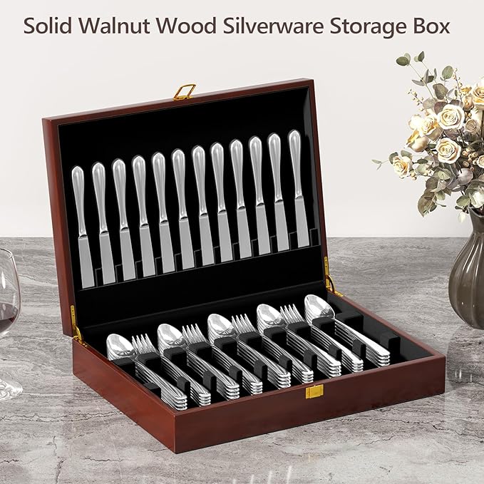 Solid Walnut Silverware Storage Box,Silverware Chest Case with Black Felt Lined,Wood Flatware Storage Box for 12 sets of Utensils,Silverware Chest without Silverware,Silverware Organizer with Lid