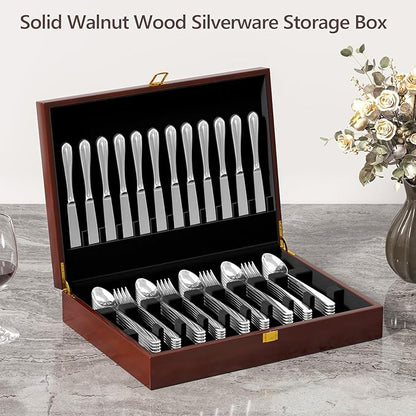 Solid Walnut Silverware Storage Box,Silverware Chest Case with Black Felt Lined,Wood Flatware Storage Box for 12 sets of Utensils,Silverware Chest without Silverware,Silverware Organizer with Lid