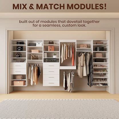 ROOMTEC Modular Closet System, 72" Wall Mounted Closet Organizer with Hanging Rods and Drawers, Modern Wooden Tower for Walk-In Closets, Wardrobe Storage Kit, White
