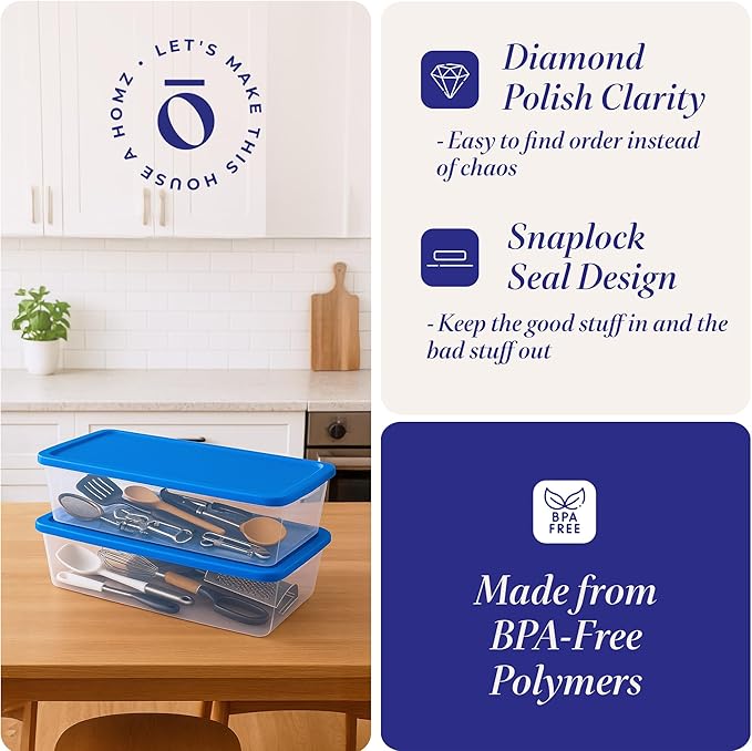 HOMZ 2-Pack Snaplock, Large Clear Plastic Storage Organizer Bins w/Lids, 41 Quart, Blue - Stackable Container Boxes for Bedroom, Bathroom, Garage, and Office Organization