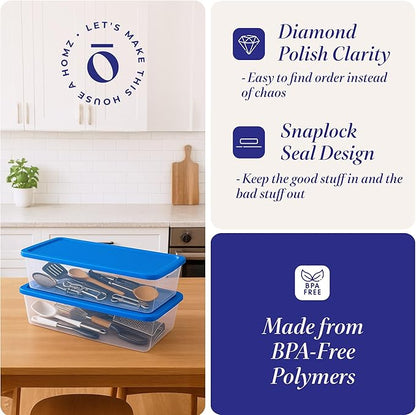 HOMZ 2-Pack Snaplock, Large Clear Plastic Storage Organizer Bins w/Lids, 41 Quart, Blue - Stackable Container Boxes for Bedroom, Bathroom, Garage, and Office Organization