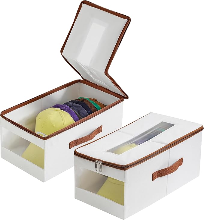 Stackable Hat Organizer for Baseball Caps, Hat Storage Holder Container for Closet Hold Up to 12 Caps with Clear Window, Hat Boxes for Home Storage (White, 2 Packs)