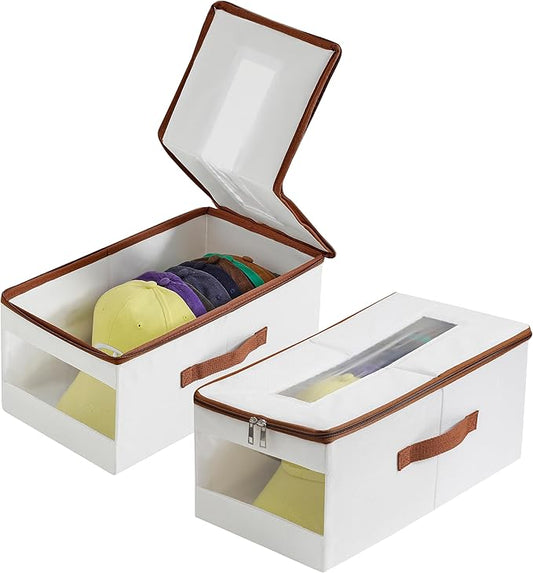 Stackable Hat Organizer for Baseball Caps, Hat Storage Holder Container for Closet Hold Up to 12 Caps with Clear Window, Hat Boxes for Home Storage (White, 2 Packs)