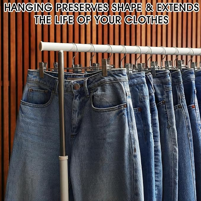 12 Pcs Metal Chrome Pant & Skirt Hanger Set with 360-degree Swivel Hooks, Metal Pant Hangers with 2-Adjustable Clip Anti-Rust Hangers for Skirt, Jeans, Slacks & Trousers