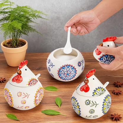 Dicunoy 3 Pack Ceramic Salt Sugar Containers, Large 13 OZ Chicken Salt Cellars with Lids and Spoons, Farmhouse Style Sturdy Condiment Jars for Serving, Home, Kitchen Countertop