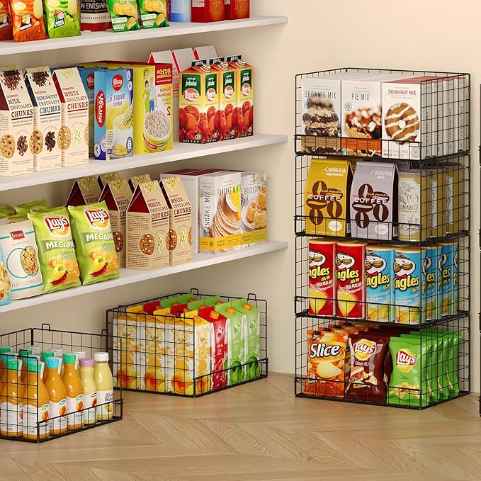 4 Pack Stackable Wire Baskets for Pantry Organizers and Storage, Large Pantry Basket for Snack Organizer, Foldable Fruit and Vegetable Storage Bin Store Can Onion Potato for Kitchen Cabinet/Countertop