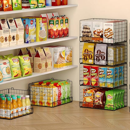 4 Pack Stackable Wire Baskets for Pantry Organizers and Storage, Large Pantry Basket for Snack Organizer, Foldable Fruit and Vegetable Storage Bin Store Can Onion Potato for Kitchen Cabinet/Countertop