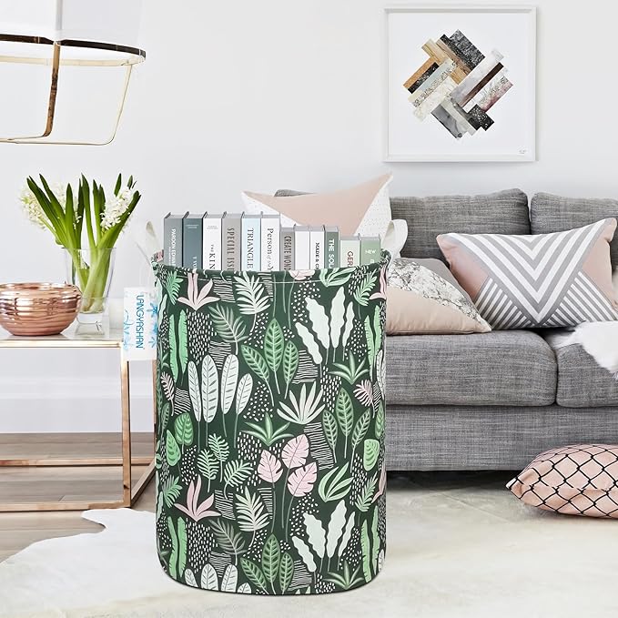 Laundry Basket Canvas Fabric Collapsible Organizer Basket for Storage Bin Toy Bins Gift Baskets Bedroom Clothes Children Nursery Hamper (Round Leaf)