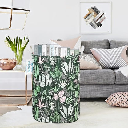 Laundry Basket Canvas Fabric Collapsible Organizer Basket for Storage Bin Toy Bins Gift Baskets Bedroom Clothes Children Nursery Hamper (Round Leaf)