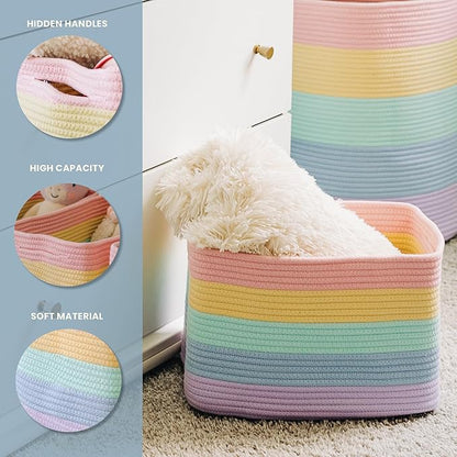 Pastel Rainbow Cotton Rope Baskets for Shelves, Set of 3-15"×10"×9½" - Colorful Storage Baskets for Kids - Nursery, Playroom, Classroom - Toy Storage, Books, Towels