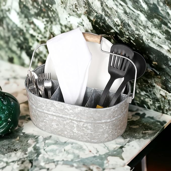CLEENTABLE Galvanized Heavy Duty Utensil Holder for Countertop, 4-Compartment Large Cooking Utensil Crocks for Kitchen Counter, Farmhouse Utensil Vase for Housewarming, Kitchen Décor (Silver)