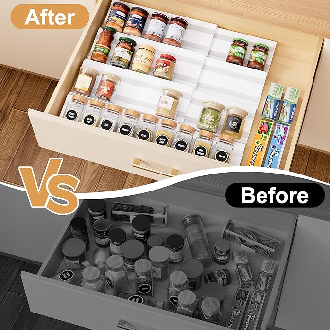 8-Pack Spice Rack for Drawer, Adjustable Seasoning Rack Tray, Expandable from 13" to 26", 2mm Acrylic, White, Kitchen Organizer and Storage (Jars Not Included)