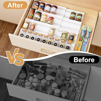 8-Pack Spice Rack for Drawer, Adjustable Seasoning Rack Tray, Expandable from 13" to 26", 2mm Acrylic, White, Kitchen Organizer and Storage (Jars Not Included)