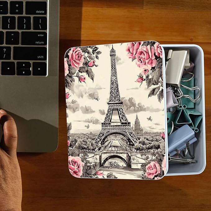 Metal Tin Box Sturdy Metal Storage Box with Lid, Eiffel Tower Rose Large Container Holder for TCG Cards, Car Keys, Cookies, Tin Containers for Gift, 5.0x3.7x1.6 Inch, Exquisite Pattern Design