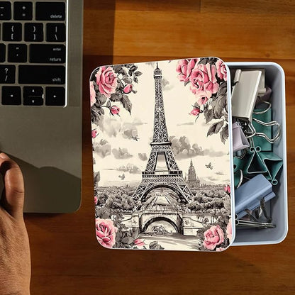 Metal Tin Box Sturdy Metal Storage Box with Lid, Eiffel Tower Rose Large Container Holder for TCG Cards, Car Keys, Cookies, Tin Containers for Gift, 5.0x3.7x1.6 Inch, Exquisite Pattern Design