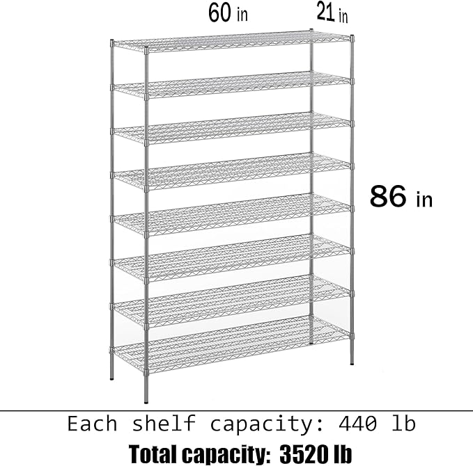 21" Deep x 60" Wide x 86" Height Wire Shelving Kit | 8-Tier | NSF Commercial Storage Rack Unit