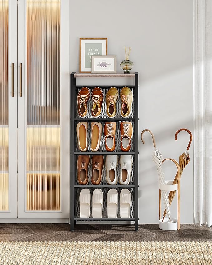 CHOEZON Shoe Rack, 5-Tier Slanted Shoe Rack, Narrow Shoe Storage Shelf, Slim Shoe Organizer for Entryway, Space-Saving, Wooden Top and Metal Frame, for Entryway, Hallway, Greige and Black TXJ03BG