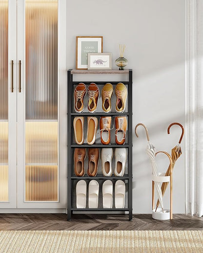 CHOEZON Shoe Rack, 5-Tier Slanted Shoe Rack, Narrow Shoe Storage Shelf, Slim Shoe Organizer for Entryway, Space-Saving, Wooden Top and Metal Frame, for Entryway, Hallway, Greige and Black TXJ03BG