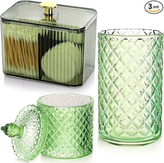 FoldTier 3 Pcs Cotton Ball Holder Dispenser Bathroom Set Cotton Ball Holder Swabs/ball Storage Box 3 Grids Partition Cosmetics Storage Dispenser for Vanity Tray Candy Container Jar For Home(Green)