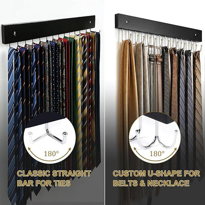 Wall Mounted Tie & Belt Rack Organizer - 2 Pack, 28 Hooks Hold 40 Ties & 40 Belts, 180° Rotating Space Saving Design, Sturdy Wood Decorative Wall Storage (Black)