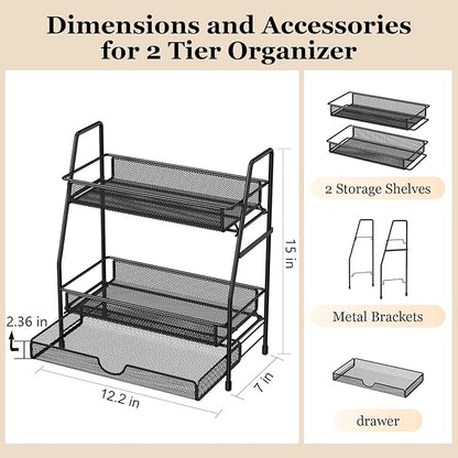 2-Tier Bathroom Counter Organizer with Drawer, Bathroom and Makeup Organizer Countertop, Easy to Install, Ideal for Bathroom organizer, Vanity, Large Skincare, Perfume, Present, and More,Black