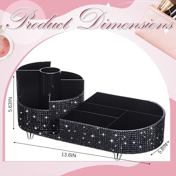Teen Girls Mother's Day 360 Rotating Bling Makeup Organizer Gift Rhinestone Diamond Bathroom Organizer Girly Skin Care Brush Holder for Countertop, Bathroom Essentials(Black,Rhinestone)