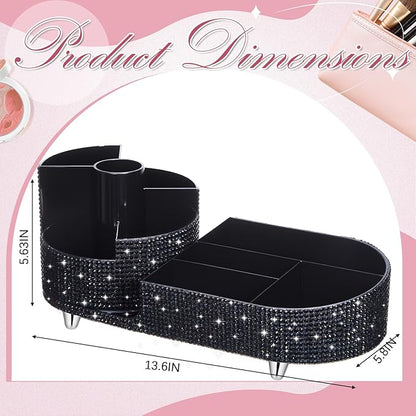 Teen Girls Mother's Day 360 Rotating Bling Makeup Organizer Gift Rhinestone Diamond Bathroom Organizer Girly Skin Care Brush Holder for Countertop, Bathroom Essentials(Black,Rhinestone)