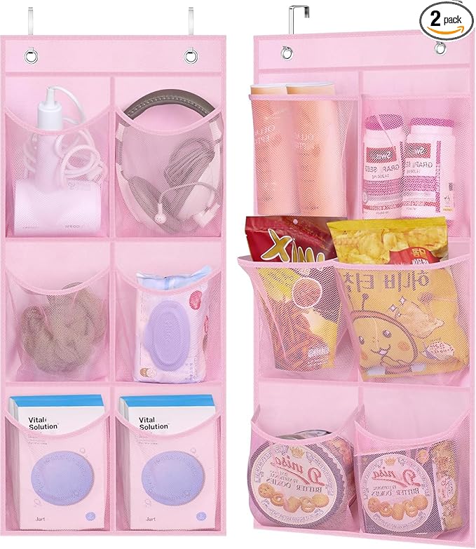 KIMBORA 2 Packs Narrow Kids Over the Door/Wall Shoe Organizer Small Baby Hanging Shoe Rack for Closet with Clear Mesh Pocket Shoe Storage for Toddler Girl Bedroom, Bathroom, RV, Pantry, Camping (Pink)