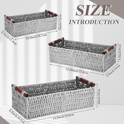 Boao 3 Pcs Boho Storage Wicker Baskets Handmade Woven Decorative Paper Rope Baskets for Organizing with Handle Countertop Toilet Paper Storage Container for Toilet Tank Top(Light Grey,Rectangle)