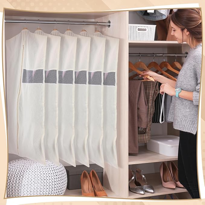 Aliceset 6 Pcs 43 Inches Cotton Garment Bags for Hanging Clothes Canvas Suit Bags for Clothes Coats Jackets Shirts Closet Storage Travel Gusseted Hanging Garment Cover