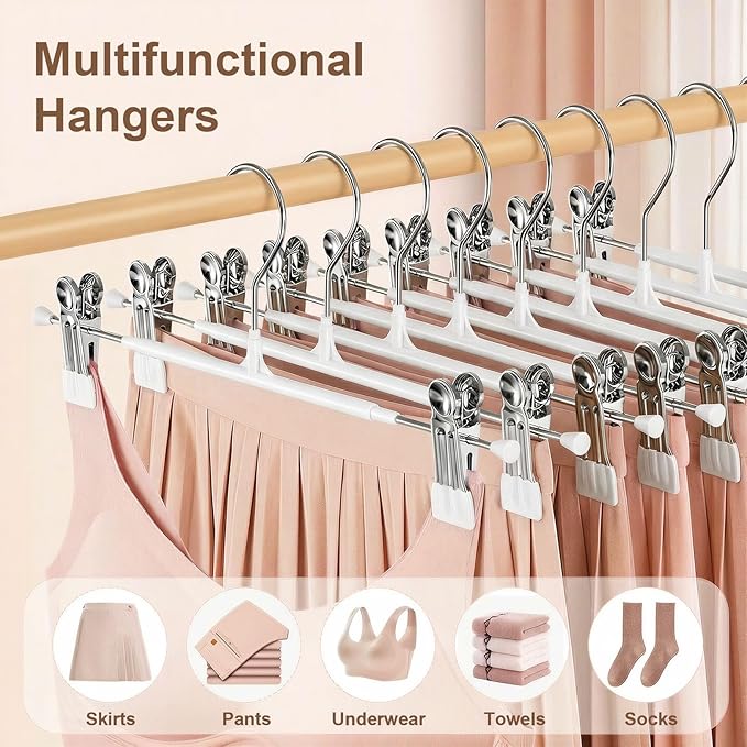 POZEAN Pants Hangers with Clips for Women 50 Pack, 12Inch Adjustable Heavy Duty Skirt Hangers, Space Saving Non-Slip Shorts Jeans Trousers Clothes Hangers, White