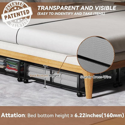 PHINOX Under Bed Storage with wheels, Under the Bed Storage Containers,Upgrade Crossed Iron Wire, Metal Rolling Underbed Storage Containers for Bedroom Clothes Shoes Blankets-2 Pack,Black
