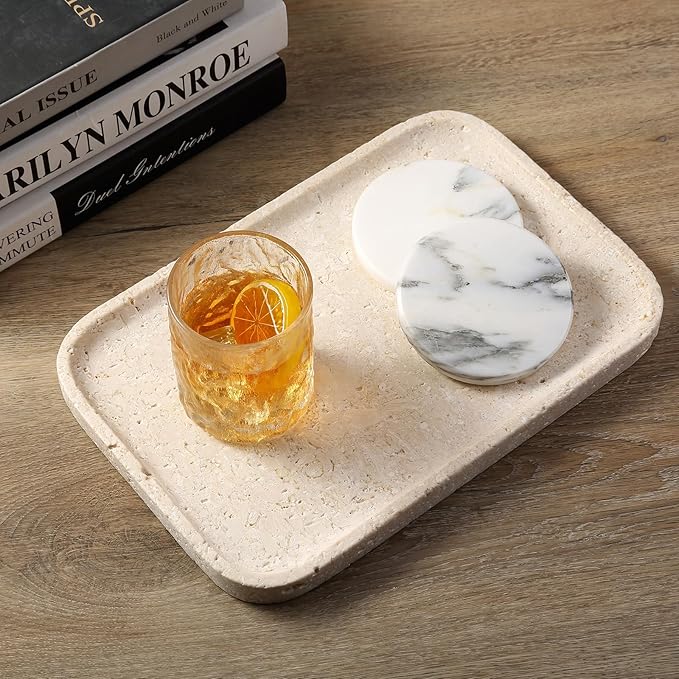 Karibiber Natural Marble Vanity Tray, 11.8" Marble/Stone Bathroom Tray Countertop, Beige Tray for Decor, Perfume Jewelry Holder, Storage/Organizer for Kitchen Sink