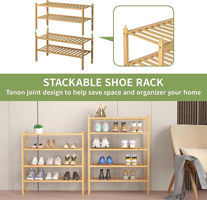 ROMGUAR CRAFT 4 Tier Bamboo Shoe Rack for Closet Free Standing Wood Shoe Shelf for Entryway Small Space Stackable 27"x11"x26" (Natural)