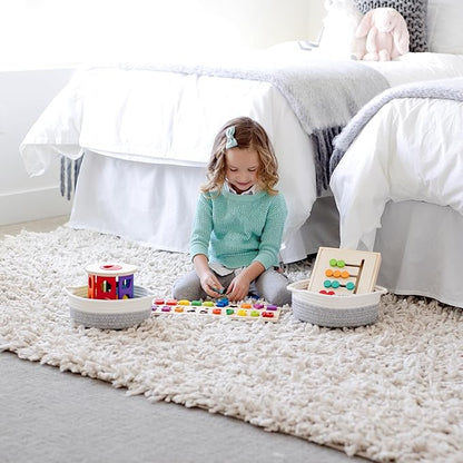 NaturalCozy 5-Piece Round Small Woven Baskets Set– Cotton Rope Baskets for Organizing! Montessori Toys, Fruits Remotes Key Tray Bowl for Entryway Desk, Shallow Catchall Home Décor, Cat Dog Bin Gift