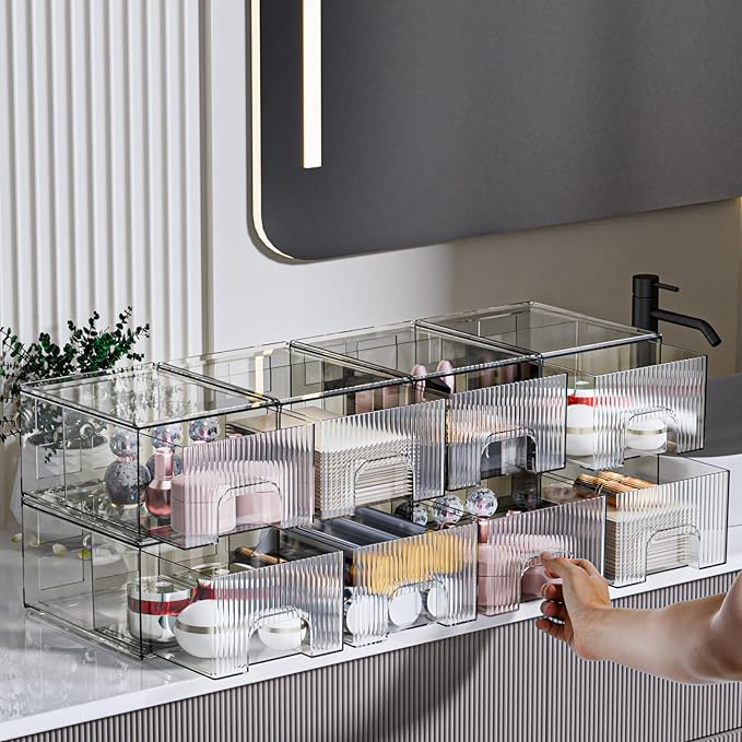 ZHIAI 8 Pack Clear Stackable Storage Drawer, Acrylic Drawer, Cosmetic Organizer, Plastic Organizer for Dresser, Under, Kitchen Cabinet, Pantry, Home Organization and Storage