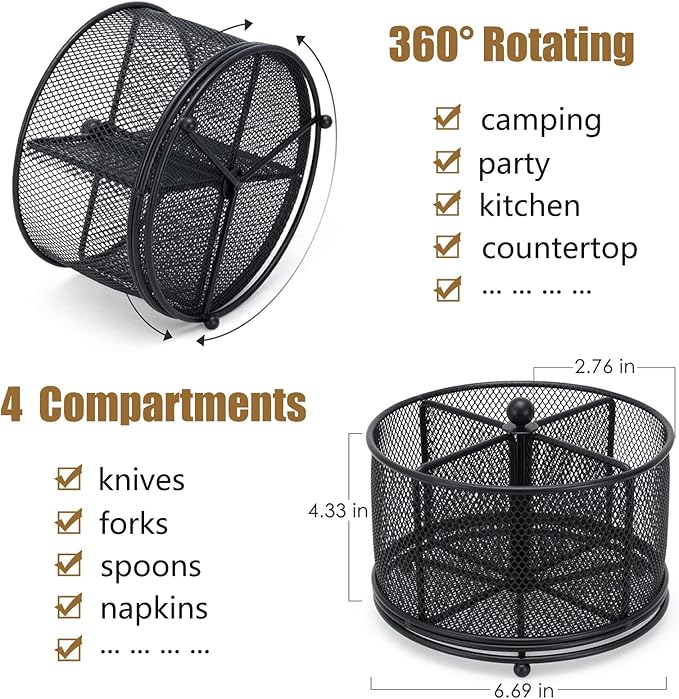 DysanVica 360° Rotating Metal Utensil Caddy - 4 Compartment Silverware Cutlery Holder Rotation Fork Spoon Napkin Organizer Flatware Storage Basket Party Countertop Buffet Picnic Camping Outdoor Black