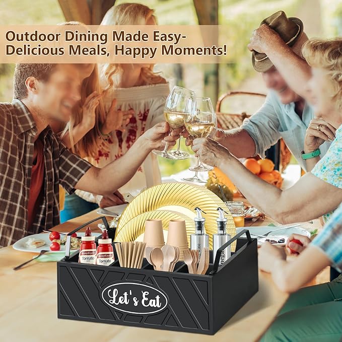 Paper Plate Dispenser, Wood Paper Plate Holder with Handle for Kitchen Counter, Silverware Caddy for Cups, Spoons, Forks, Plates, Napkins, Utensil Holder for Party Camping Buffet (Black)
